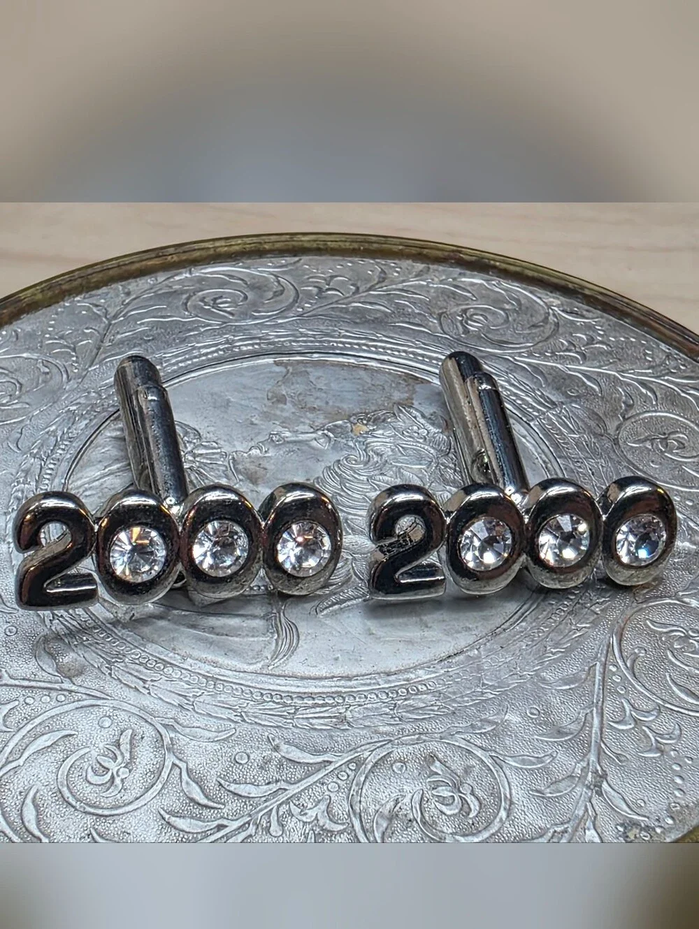 Vintage Y2K Millennium 2000 Silver Tone Rhinestone Cufflinks